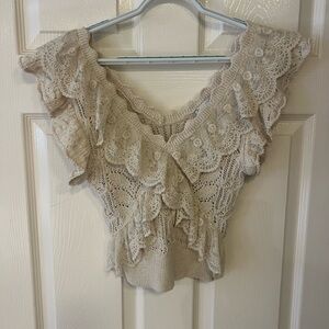Zara Beige Lace Ruffle Blouse